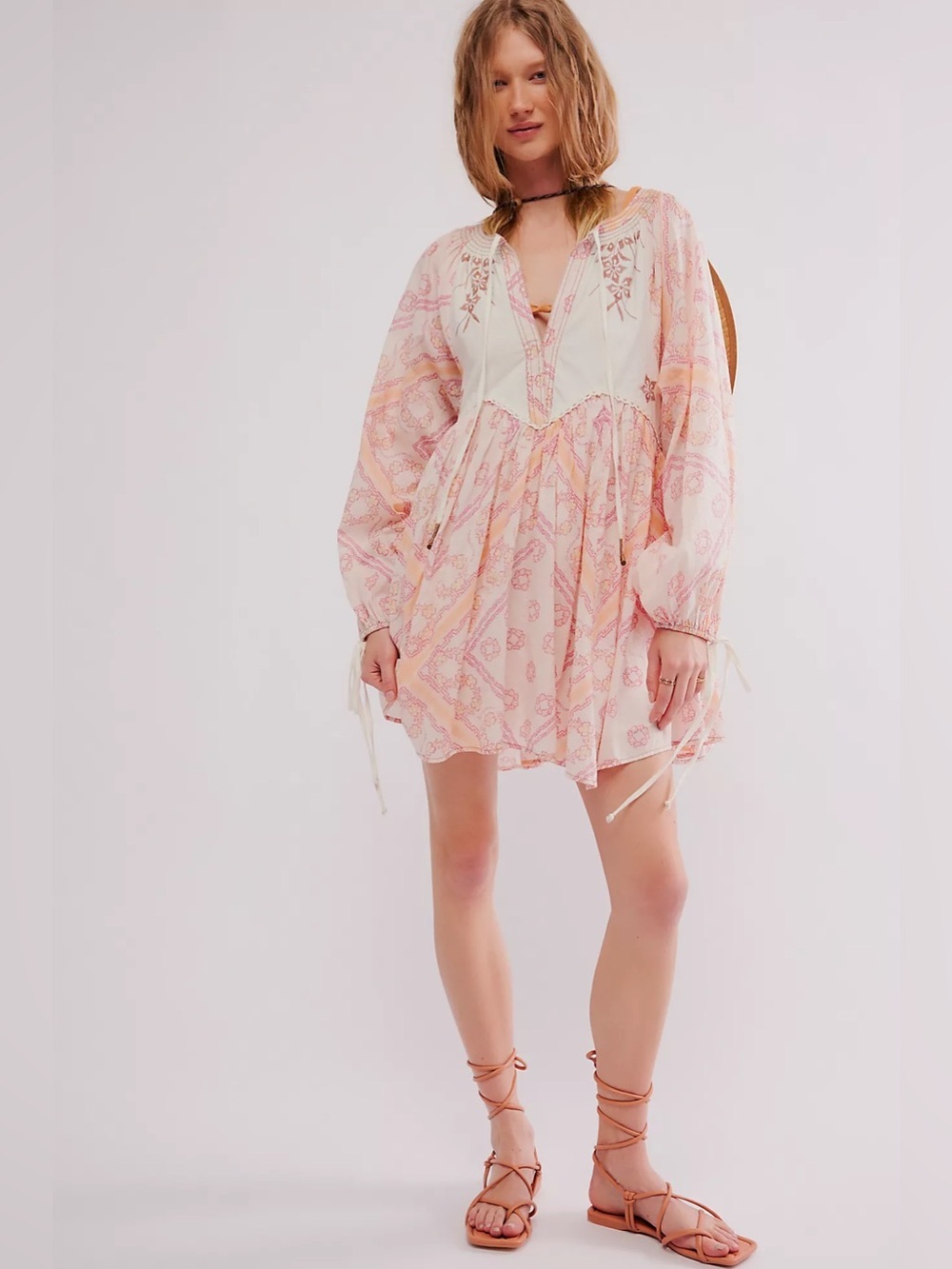 Free People Day Dreaming Swing Mini Dress Pink White Embroidered Small EUC